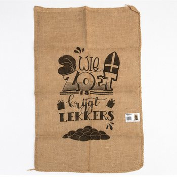 БОЛЬШОЙ ДЖУТОВЫЙ МЕШОК СИНТЕРКЛААСА - С НАДПИСЬЮ: WIE ZOET IS KRIJGT LEKKERS - Ок. 60 x 100 см (1 шт.)